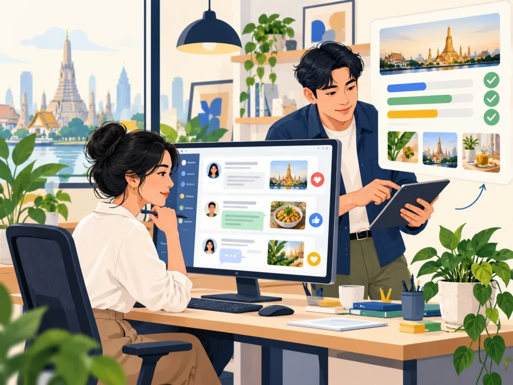 Illustration of a social media team reviewing community messages, content approvals and campaign reports