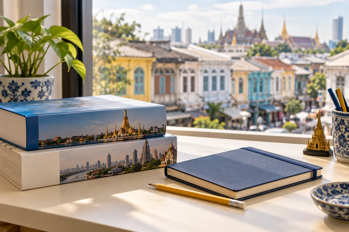 Illustrative Thai market research books and SEO planning notebook