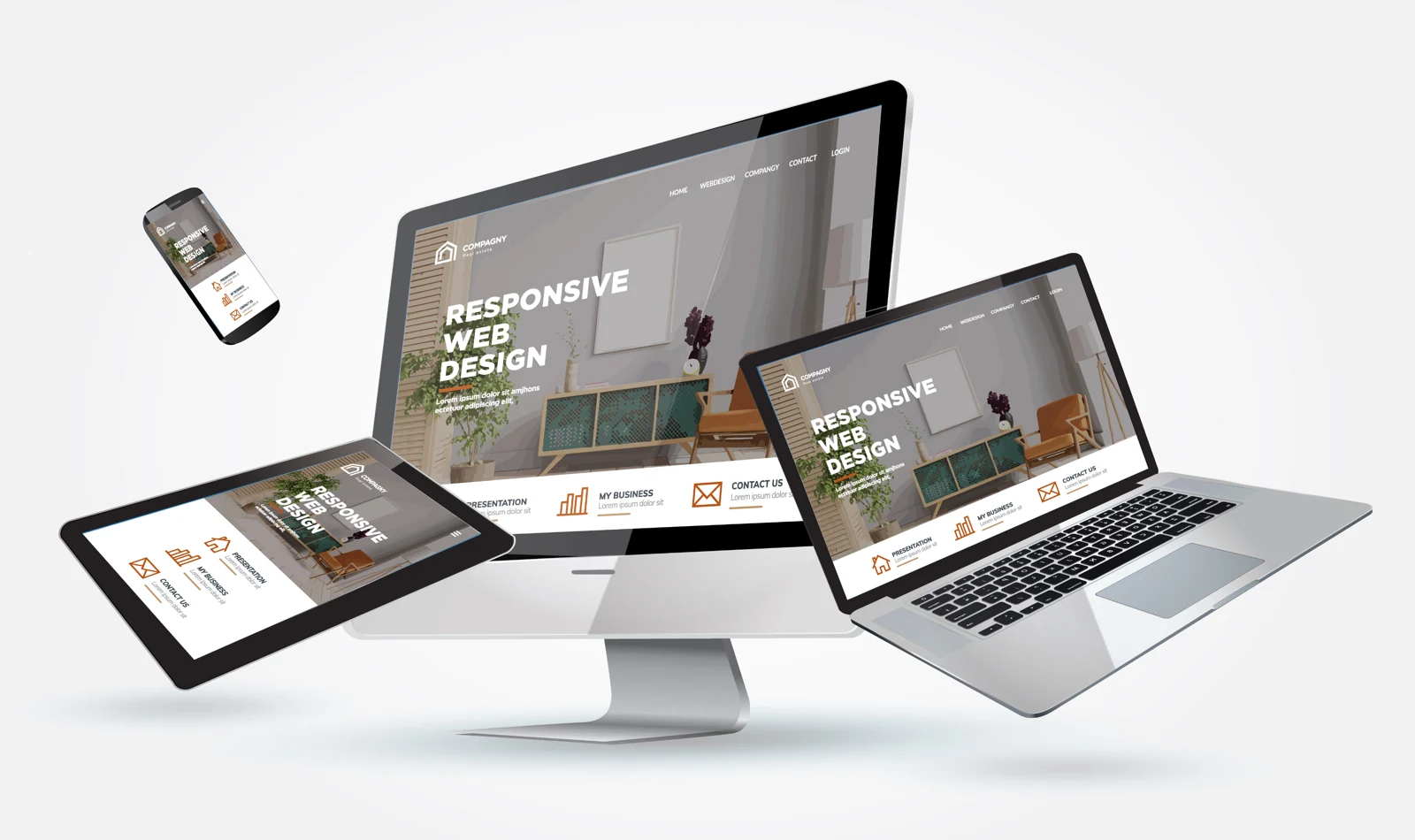 Responsive website displayed across desktop, tablet and mobile devices